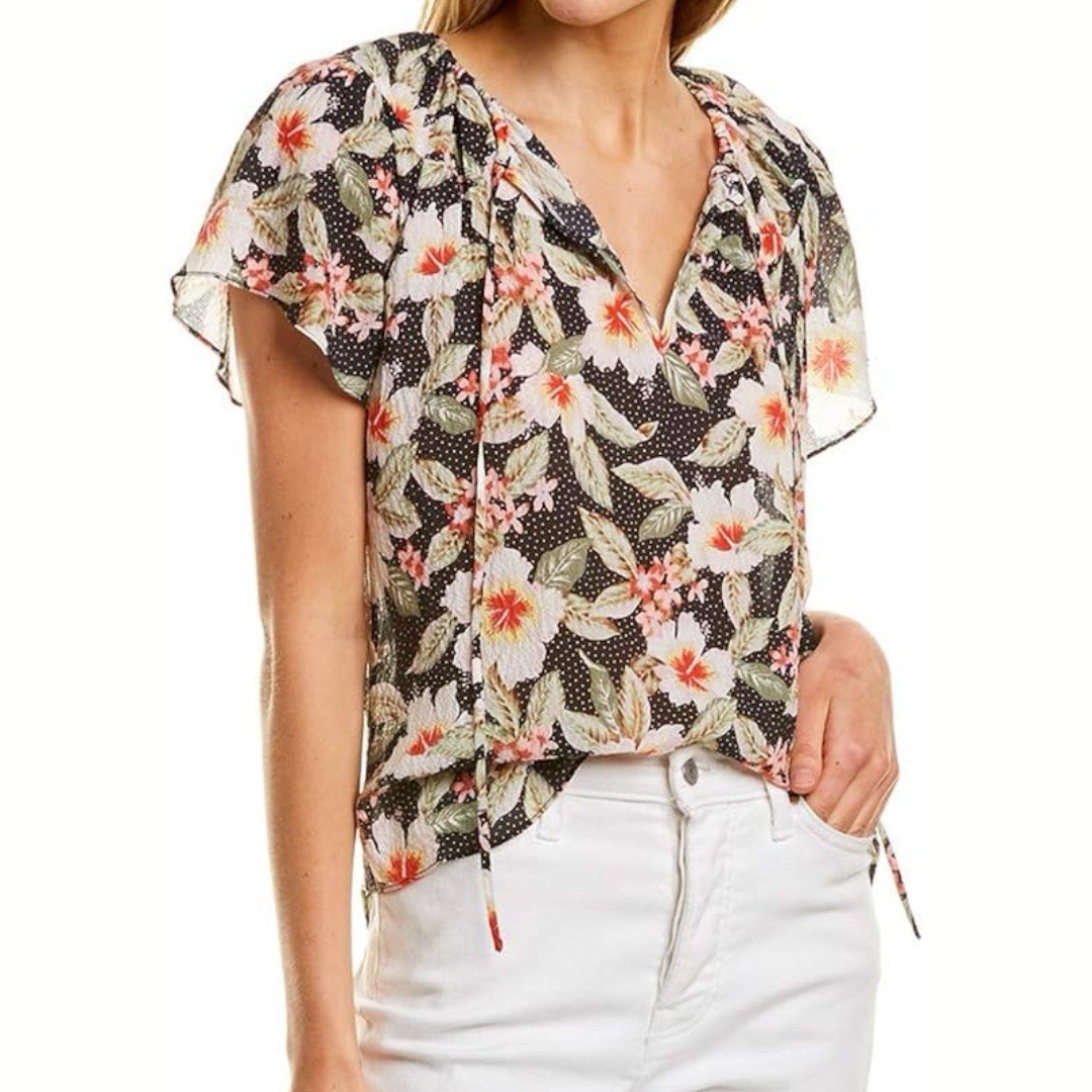 Rebecca Taylor Kamea Fleur Tie Black Floral Silk Top Shirt Blouse Size 2
