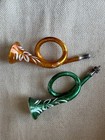 Vintage German Blown Glass Horn Christmas Ornaments Green Gold Set of 2 — photo 3