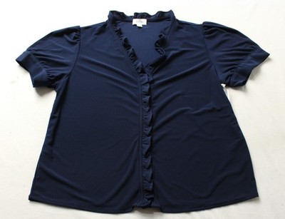 CeCe Women's Short Sleeve Button Up Ruffle Trim Top EH6 Classic Navy Large NWT