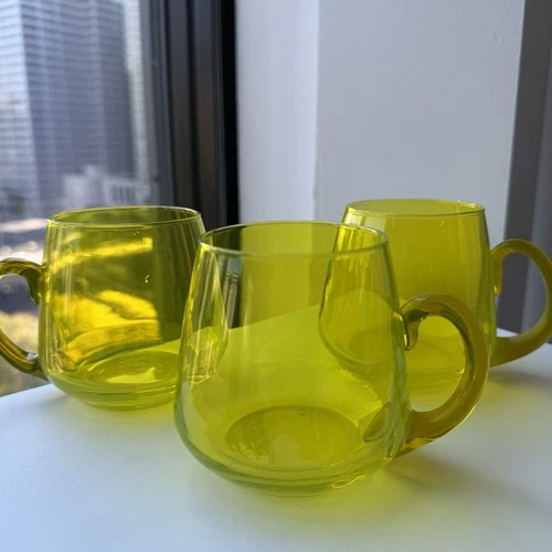 Vintage Yellow Glass Coffee Mugs Or Yea Cups Set Of 3 - Hand Blown With Handles