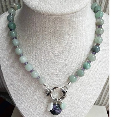 19'' Beaded Gemstone Necklace, Milky Green Jade, Amethyst, Mother of Pearl, Charm