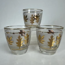 (3) Vtg Libby Frosted Cocktail Glasses Gold Autumn Leaf Foliage MCM bar dining