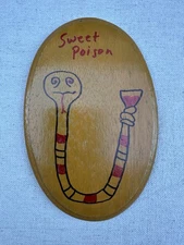 Handcrafted Folk Art Sweet Poison Snake Wine Funny Cartoon Wooden Sign Decor