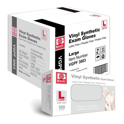 Basic Medical Clear Vinyl Exam Gloves, Latex-Free, Powder-Free, Case of 1,000, L