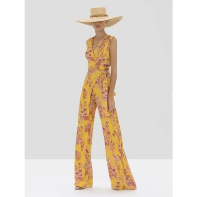 ALEXIS Kamiko Wide Leg Satin Wrap Jumpsuit Tuscan Palm Orange Sz XS $655 {I6}