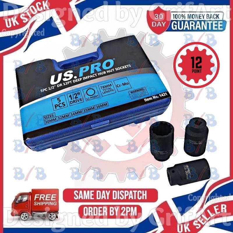 US PRO TOOLS 5PC HUB NUT SOCKET SET DEEP IMPACT SOCKET 1/2"" INCH DRIVE 12 POINT