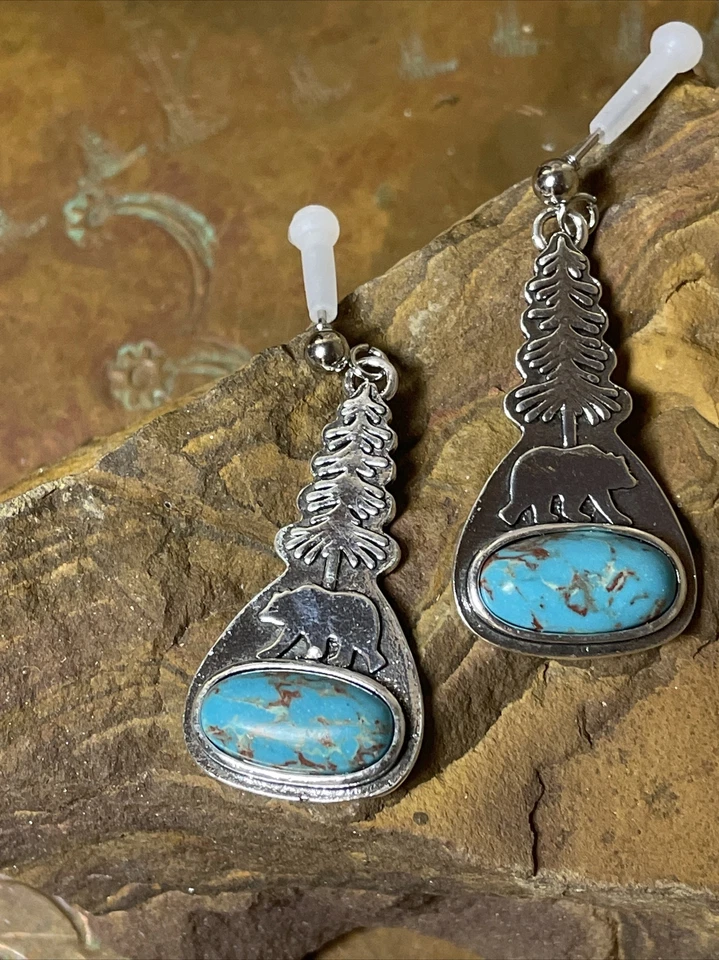PENDIENTES TURQUESA PLATA ZORRO ELEGANTE ÁRBOL PATA DE OSO OESTE SUROESTE Otoño Foto 4 de 4