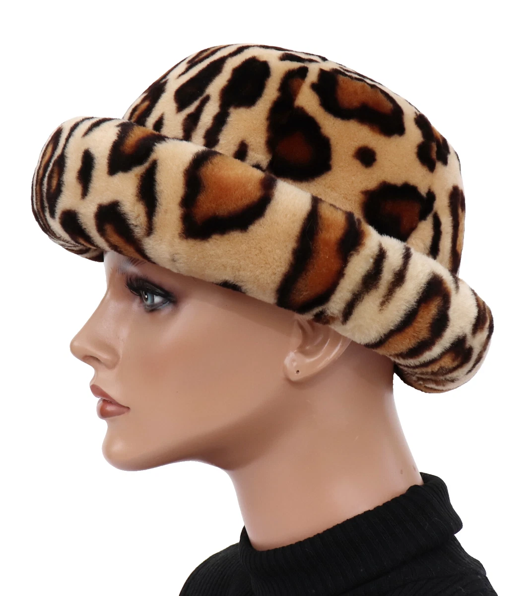 Pelz Mütze Hut Damen Fell Lammfell DDR Vintage Leo Print Mode Styl Melone Rar