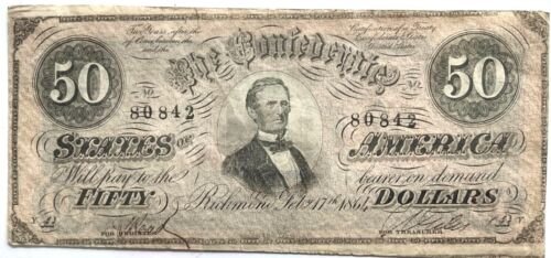 HELLE ORIGINALE ANTIKE BANKNOTE 1864 50 $ CSA KONFÖDERIERTE STAATEN VON AMERIKA