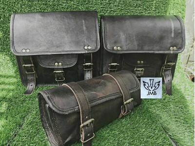 COMBO Black Leather Saddle Pouch Motorcycle Panniers Bag 2 Side Bag 1 Tool JMB  