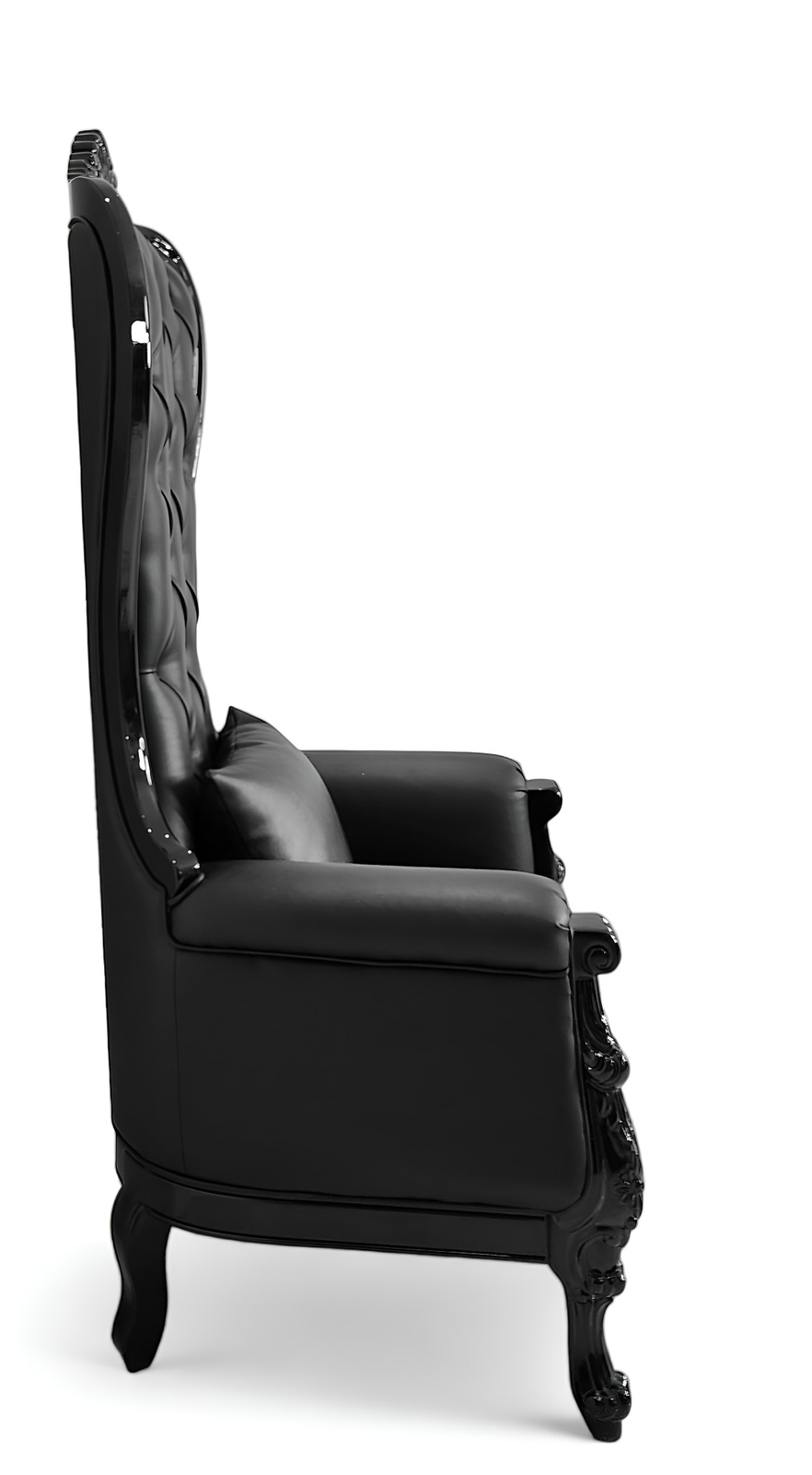 Queen Throne High Back Chair Baroque Tufted Black Leather w/ Black Gloss Frame