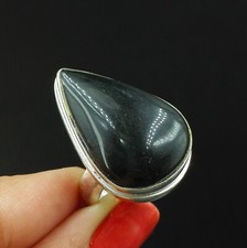 Natural Black Onyx Pear Gemstone 925 Sterling Silver Adjustable Ring