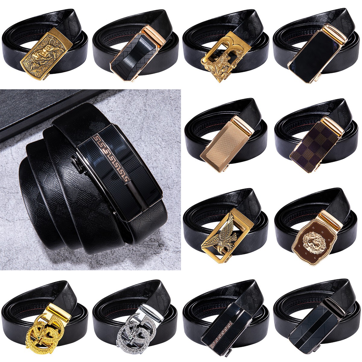 Real Leather Mens Ratchet Belts Black Automatic Buckles  display picture 2