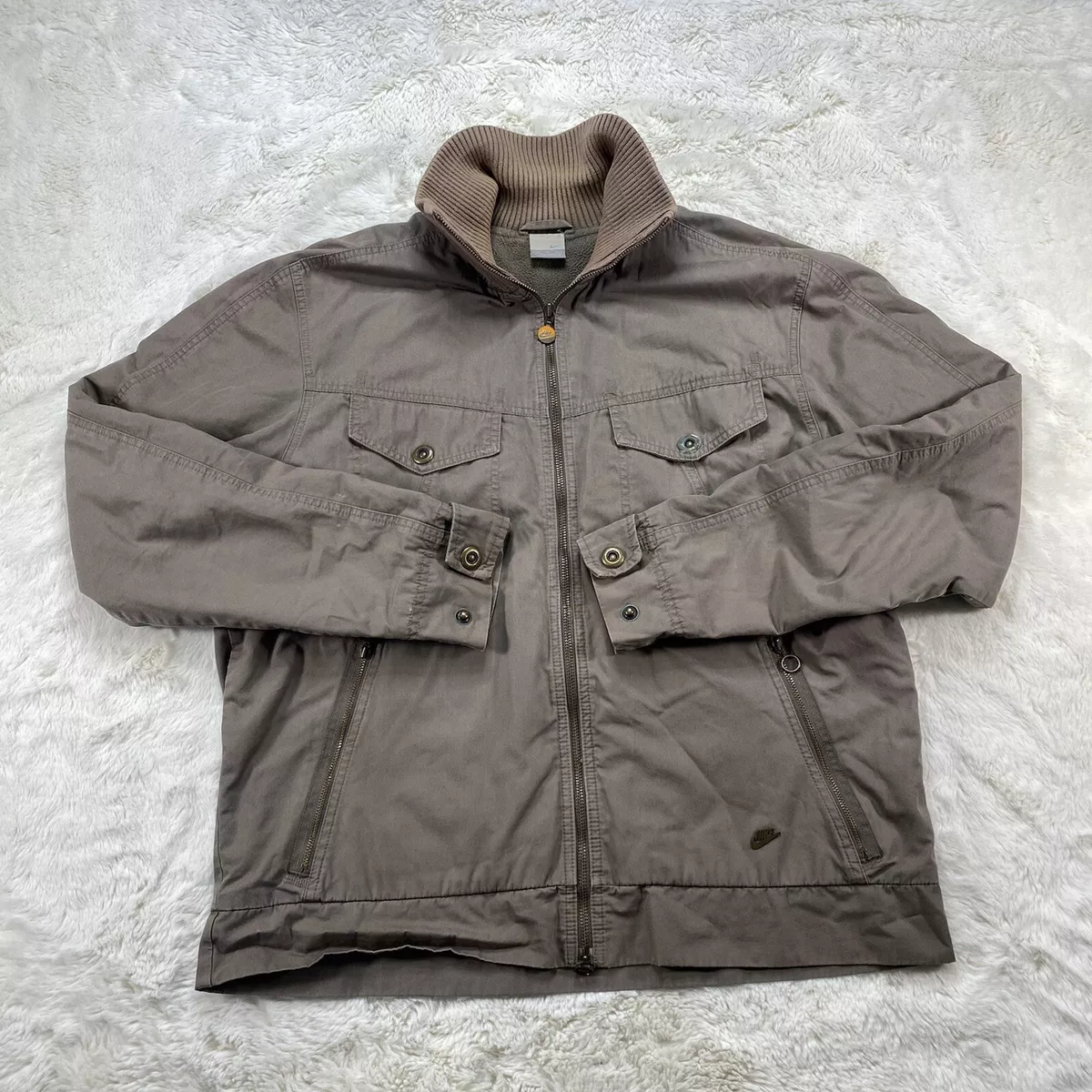 Vintage Nike Zip Up Jacket Cotton Lightweight Metal Logo Mens Size XL Dark Khaki
