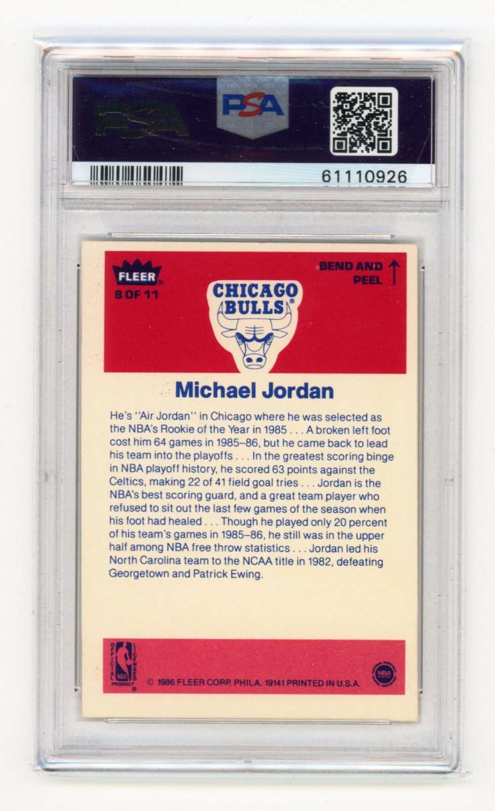 1986 FLEER STICKER MICHAEL JORDAN #8 ROOKIE RC PSA 5 view 2