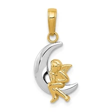 14k Yellow Gold and Rhodium Polished Moon Angel Pendant Perfect Gift for Her