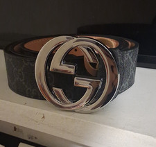 Gucci Men's Black Logo Print Adjustable Silver Buckle Dress Belt 95-38