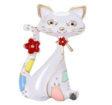 Elegant Retro White Cat Brooch Gold Enamel Kitten Pin Cute Animal Jewelry Gift