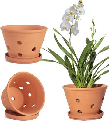  Terracotta Orchid Pots with Holes and Saucers - Clay Orchid Planter Pots