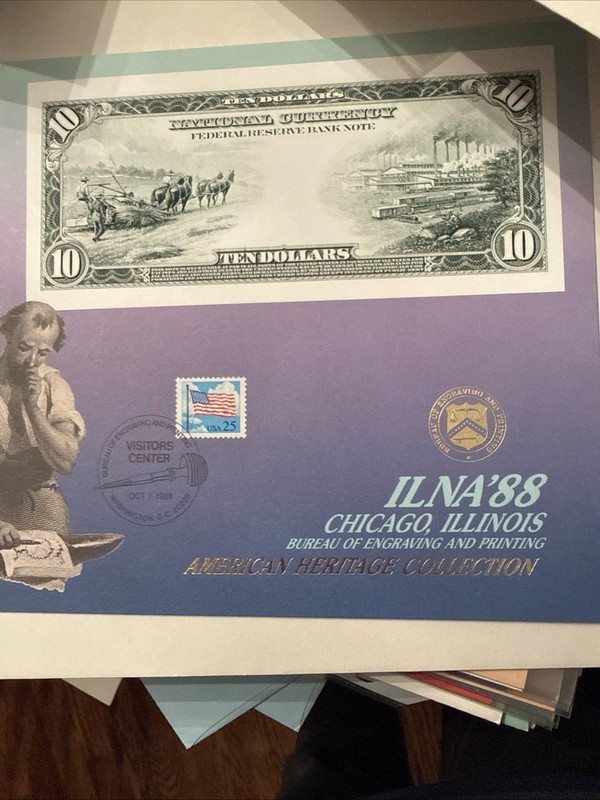 BEP souvenir card B 119 ILNA 1988 V/C cancel back 1915 $10 Federal Reserve Note