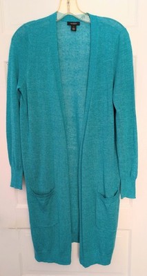 Halogen Linen Blend Cardigan Sz Small Teal Or Turquoise Pockets Open- Front