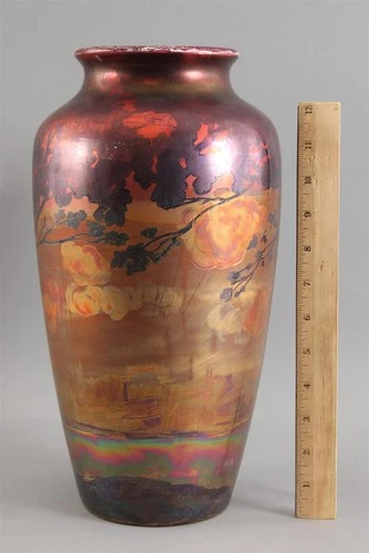 Antique WELLER LASA American Art Pottery Iridescent Landscape Sunset City Vase