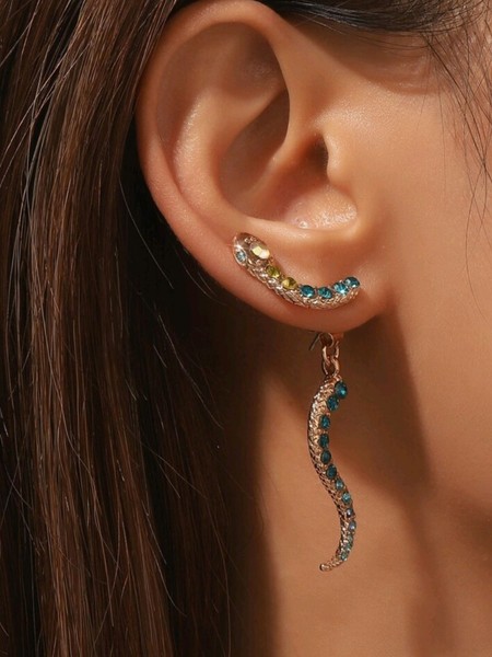 Alternate view of Gold Snake Earrings 18k Plated Yellow Studs Rhinestone Jackets