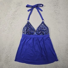 Y2K Sequin Halter Babydoll Top Juniors M Blue Empire Waist Party Retro Clubwear