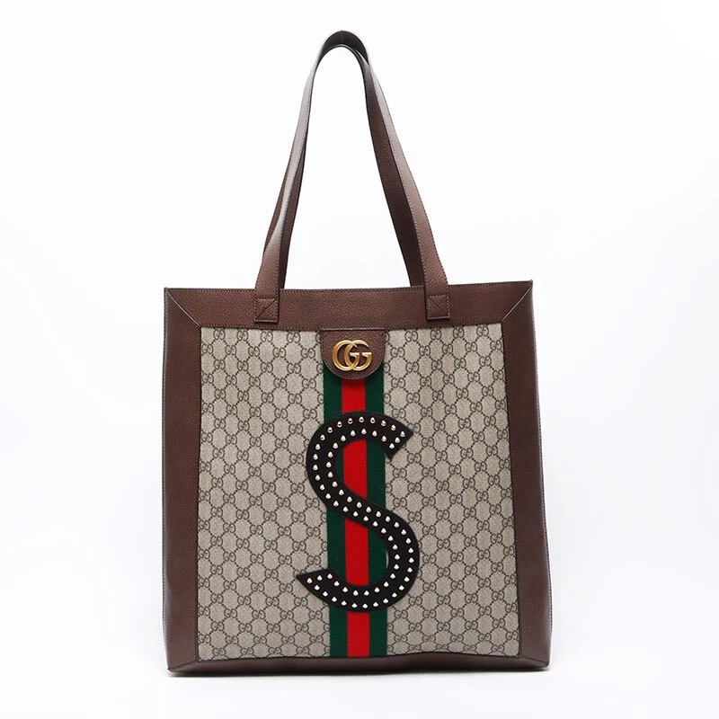 GUCCI Tote Bag S T Rhinestone GG Supreme Offidia Beige Used