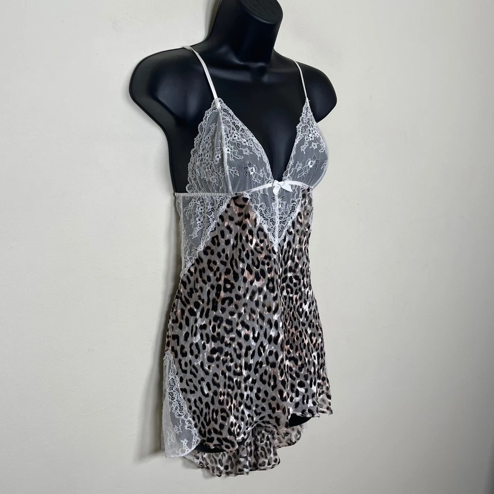 Babydoll para mujer Victorias Secret con estampado de leopardo de seda con ribete de encaje transparente S Foto 4 de 4