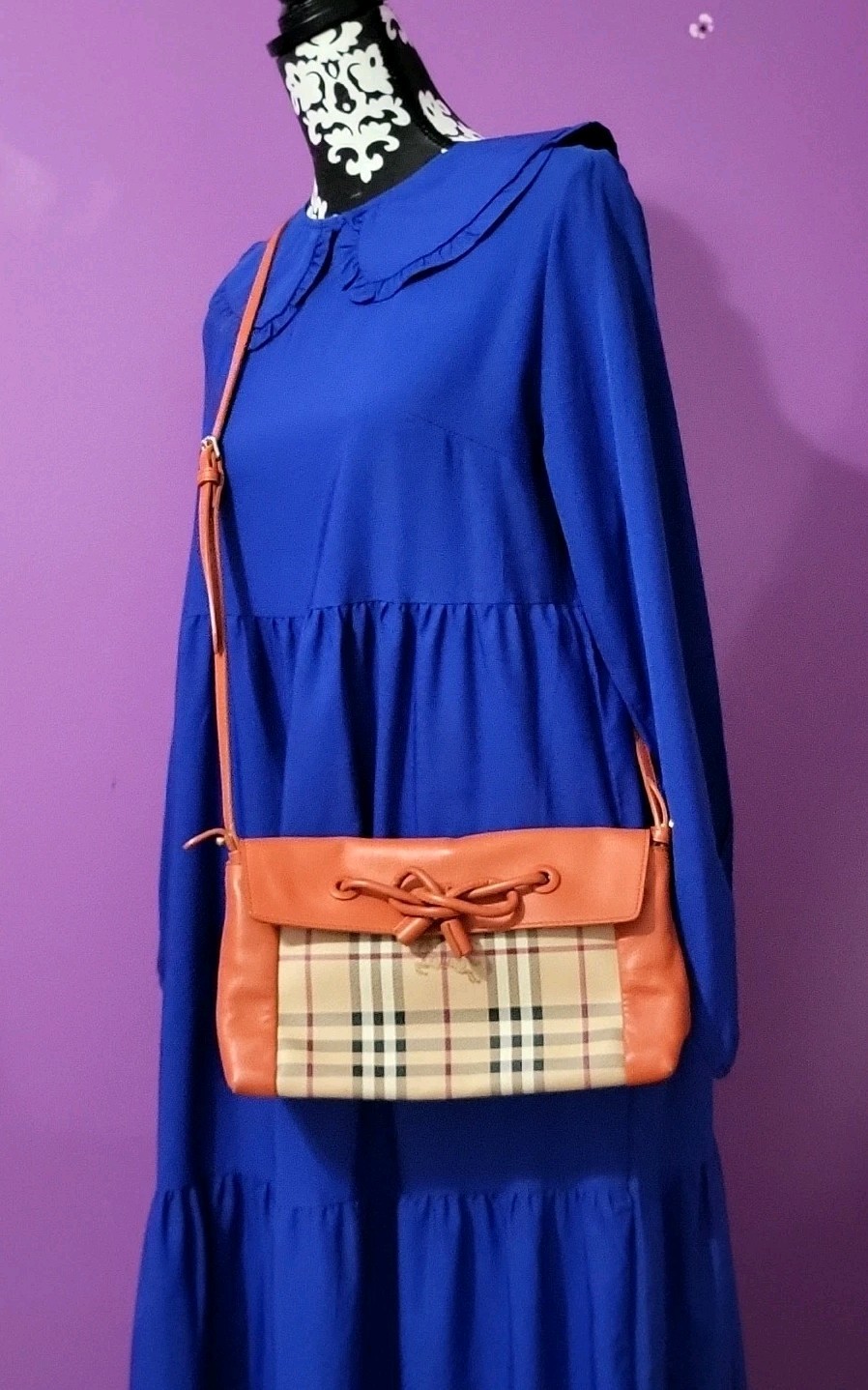 Burberry London Haymarket Check Leather Canvas  Orange Crossbody Handbag Leah 💝 thumbnail 2