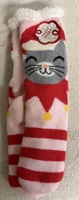 1 Pair Grey Cat Theme Fuzzy Babba Slipper Socks Anti Slip - New With Tags