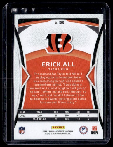 Erick All 2024 Panini Certified /400 #188 RC Cincinnati Bengals - Picture 2 of 2