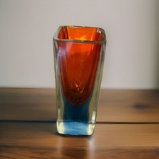 Murano Sommerso Layered Glass Vintage 1960  s Vase Square Orange Blue