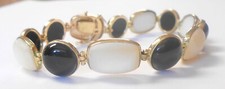 Estate Black Onyx Mother of Pearl Solid 14K Yellow Gold 9mm Wide Bracelet 6.75"
