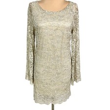 Audrey 3+1 Lace Cocktail Mini Dress M Bell Long Sleeves Scoop Neck Ivory Beige