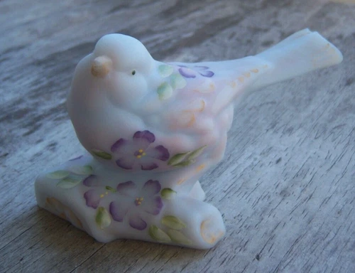 Fenton for QVC 2003 Bird on a Limb Hand Painted Blue Burmese Satin - Excellent