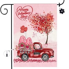 Valentines Day Garden Flag, Double Sided Gnomes  Heart Tree Red Truck Yard Flag
