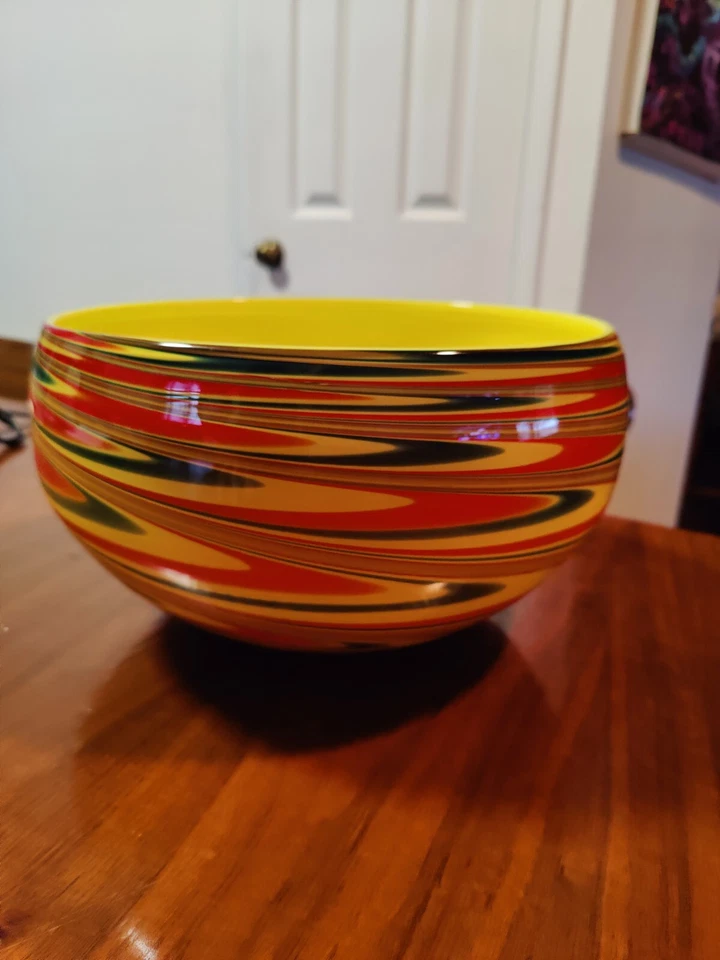 Cuenco grande vintage de cristal de Murano diseño de remolino rasta amarillo verde rojo Foto 3 de 4