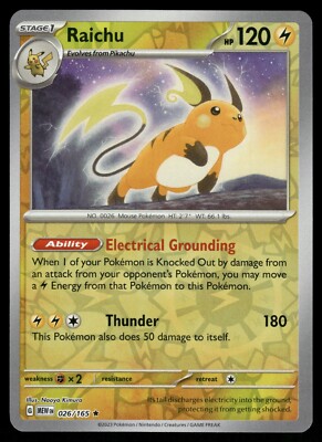 Raichu Reverse Holo NM 026/165 Scarlet & Violet 151 Pokemon Card