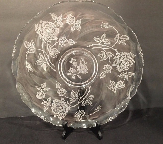 Vintage Heisey Waverly Etched Rose Elegant Glass Sandwich Cake Plate 14