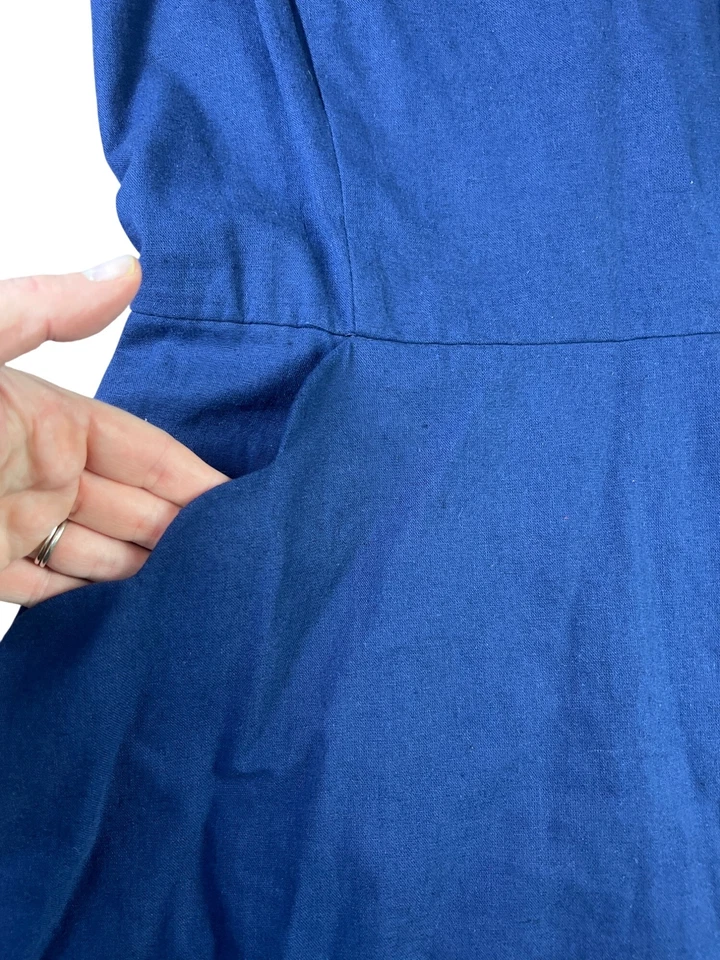 Vestido Pixley Azul Marino Festoneado Mezcla de Lino Corte Talla Grande  Foto 3 de 4