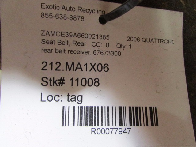 Maserati Quattroporte, Rear Seat Belt Receiver, Black, Used, P/N 67673300