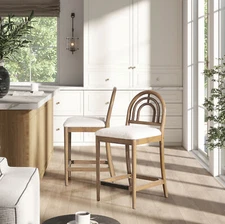 Set 2 - Leon 27" Arched Back Wood & Upholstered Counter Stool Ivory White Boucle