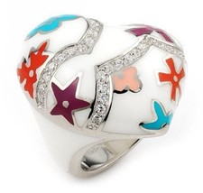 ALAN K. DESIGNO WHITE HEART LARGE RING WITH CZ MULTI COLOR FLOWER ACCENTS. NEW
