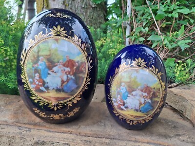 2-PORCELAIN  EGGS- COLONIAL SCENE-COBALT BLUE TO BLACK COLOR