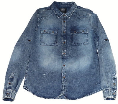 ROK Distressed Mens Medium Blue Denim Full Button Long Sleeve Shirt Shacket