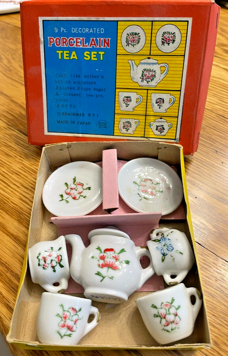 Vintage 60s Miniature Child Toy DECORATED Porcelain Tea Set In
