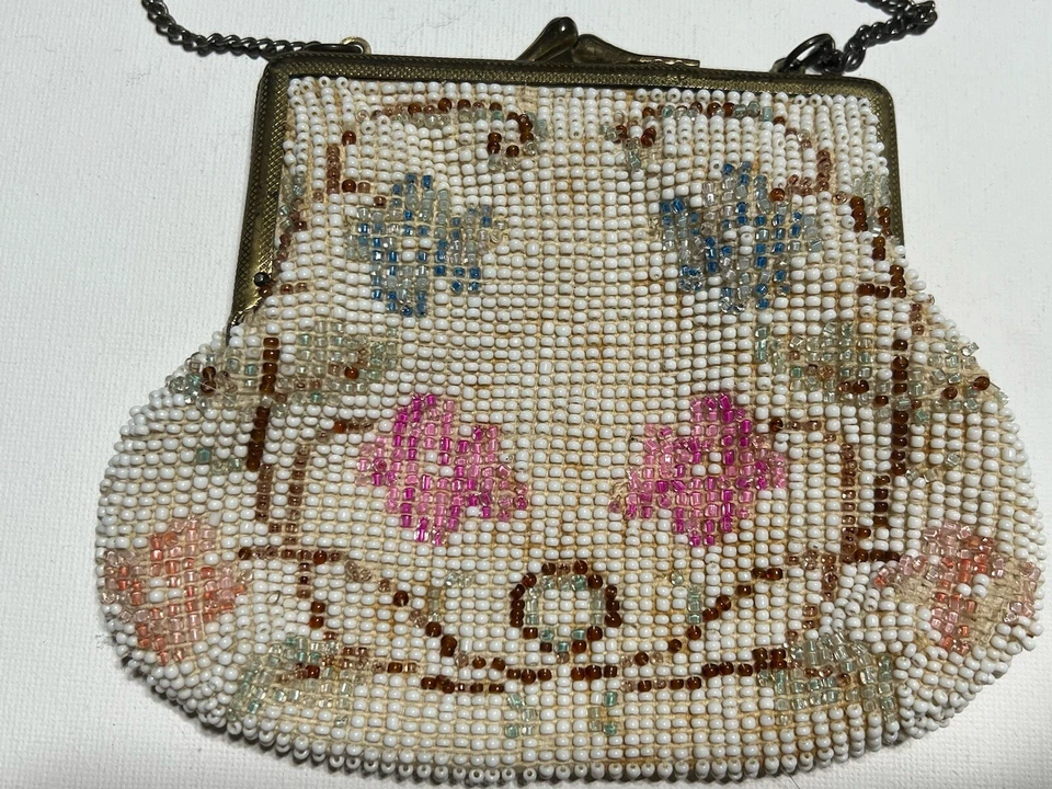 Винтажная сумочка женщин вечер застежки слоновой кости бежевый ручной работы цветы старинный кошелек - Изображение 4 из 4