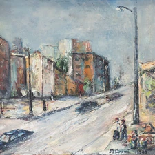 sign. M. Aramă Modern Big City Painting Romania 1983 Peisaj Urban